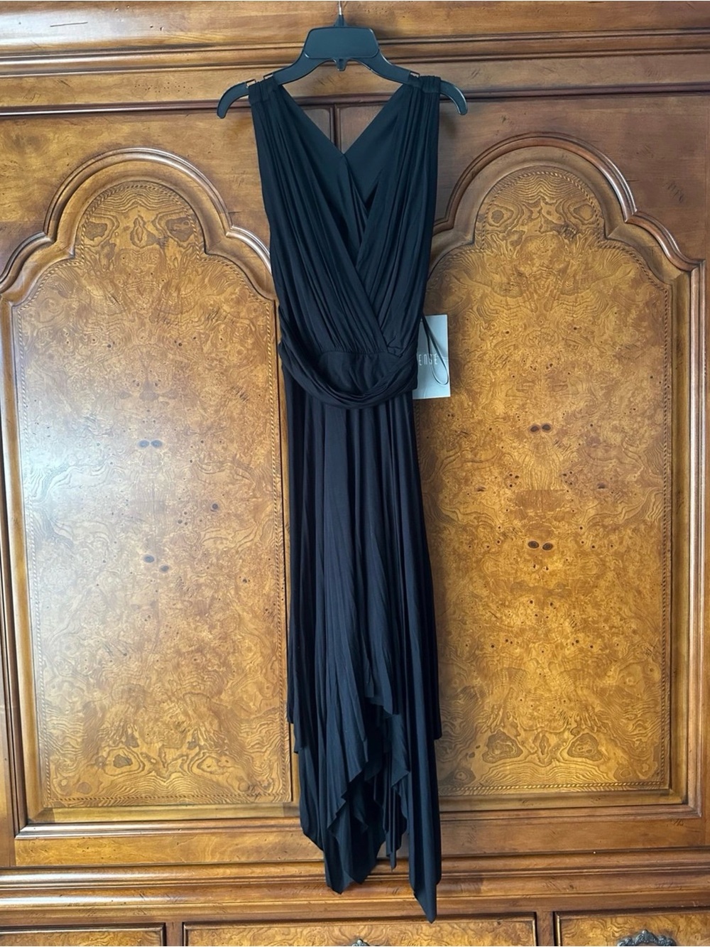 Spense Black Asymmetrical Cocktail Dress Size 4 NWT Sleeveless Draped Midi Dress